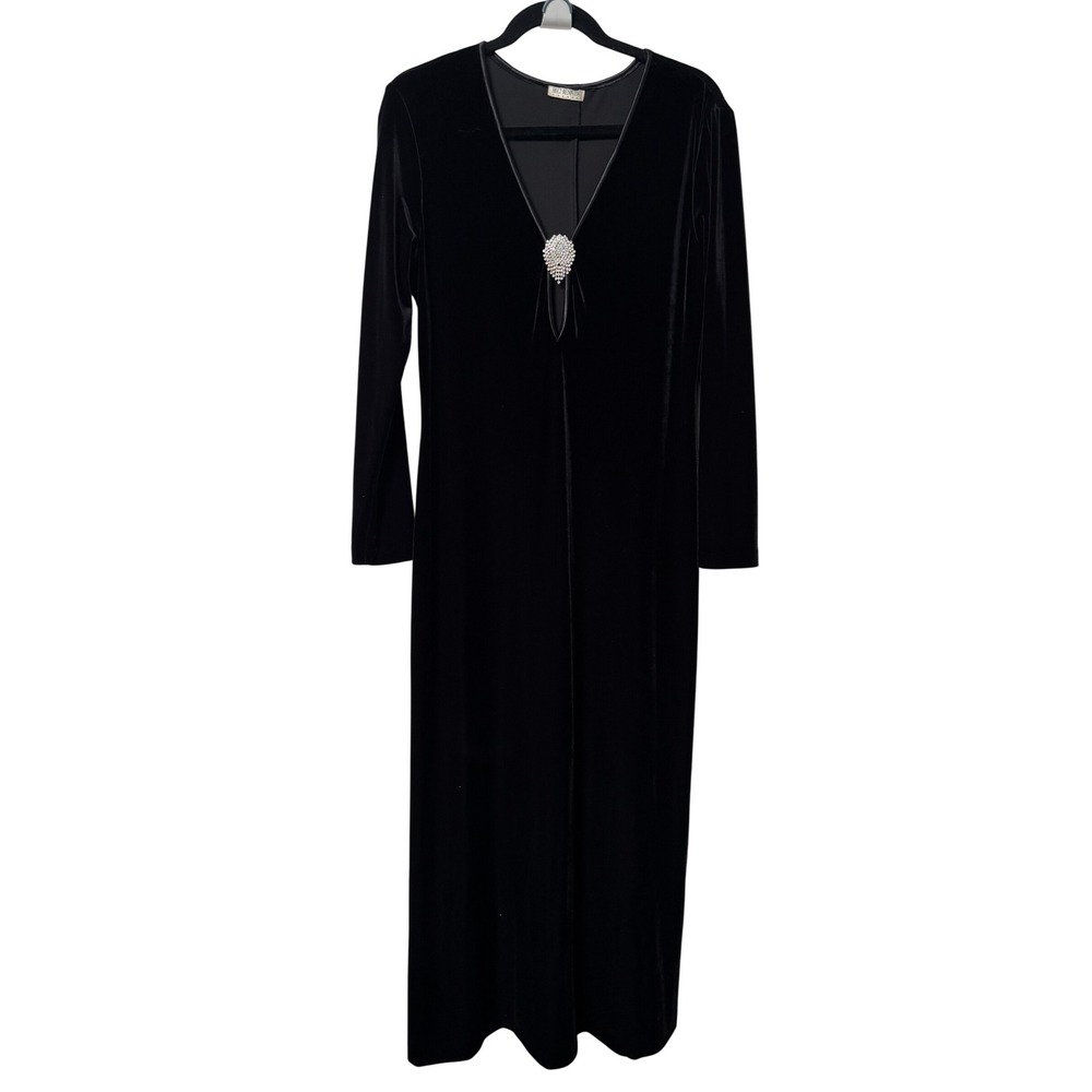 Vintage Holt Renfrew Black Velvet Maxi Dress Rhinestone Brooch V-Neck